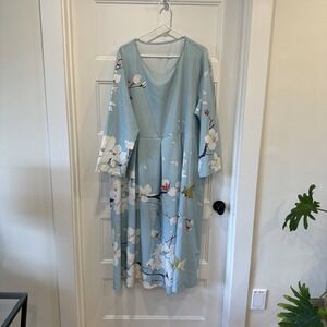 Women's 4X Kaftan Kimono Dress Blue With Flowers. Flowing &  Elegant. Lng Sleeve